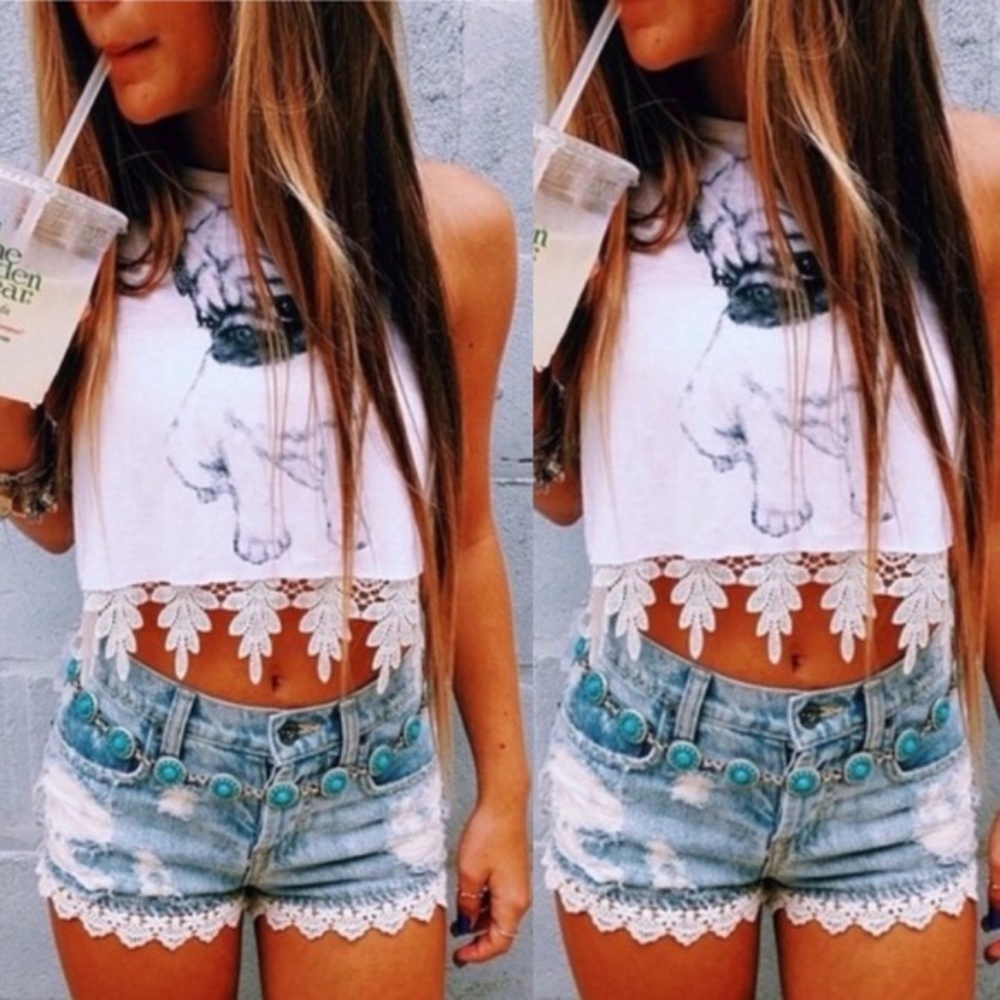 LF Carmar Denim Distressed Lace Cuff Shorts Sz 25